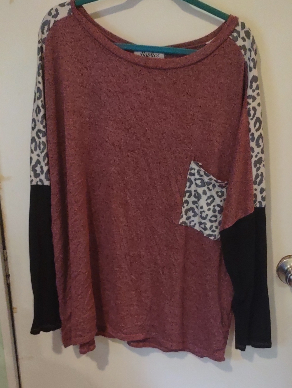 Women’s Maroon Long Sleeve Top with Leopard Print Pocket — Haplics